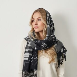 Southwest Black Grey Tribal Geometric Scarf Boho Chic Aztec Oversized Tassels